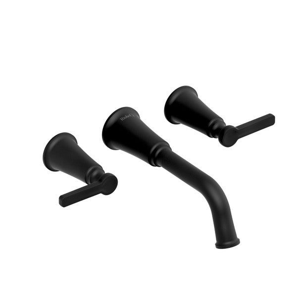 Black bathroom faucet set with two handles and a curved spout