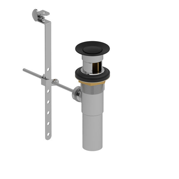 A plumbing sink drain assembly with a removable strainer and connecting pipes.
