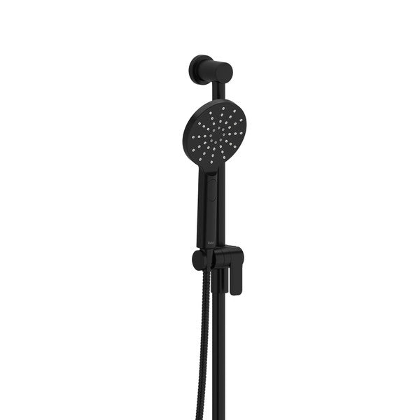 Black handheld shower head with adjustable mount.
