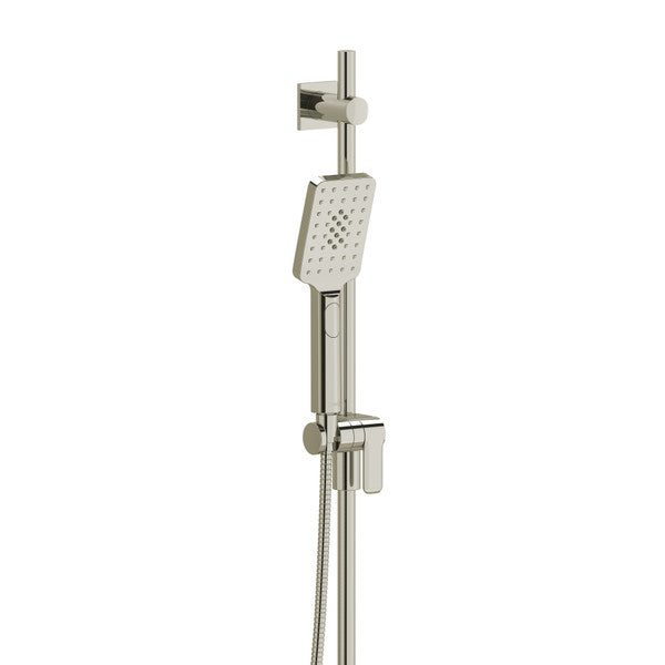 Shower head mounted on a vertical bar with adjustable height