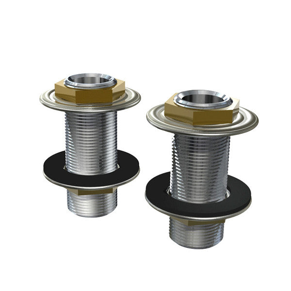 Two metal bolts with threaded bodies and washers