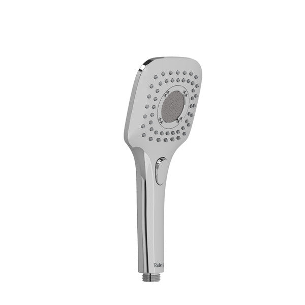 Modern chrome shower head with multiple spray settings.