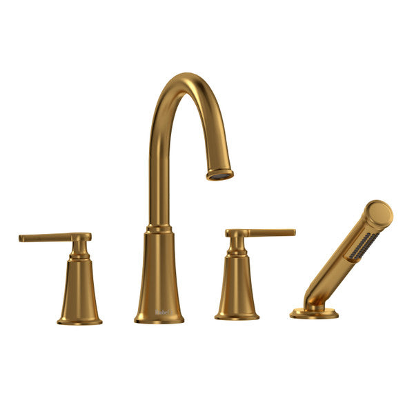 A modern gold faucet set including a main faucet and two handles.