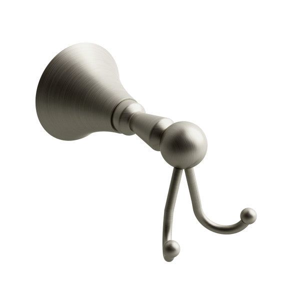 A wall-mounted coat hook in a brushed nickel finish.