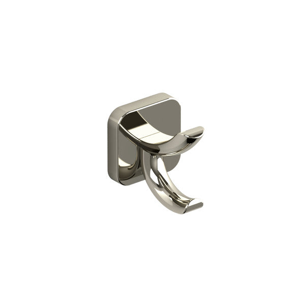 Modern wall-mounted coat hook in a sleek metallic finish.