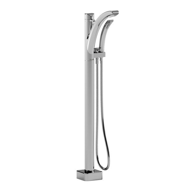 Modern chrome freestanding bathtub faucet with a handheld showerhead.