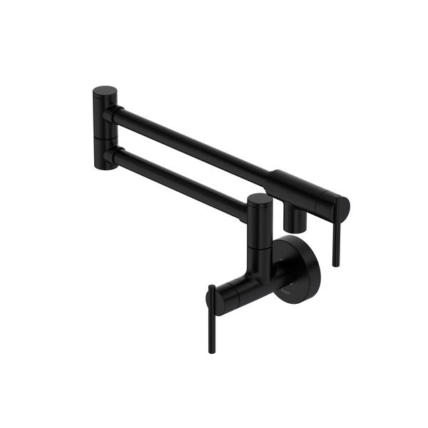 Black wall-mounted pot filler faucet with dual handles