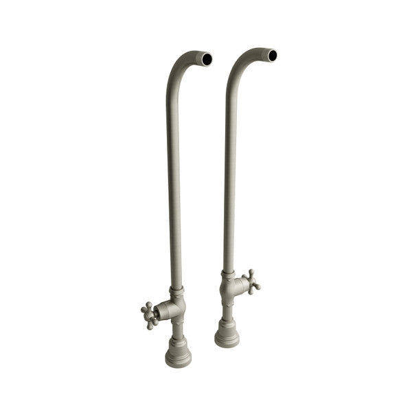 Two tall, curved metal faucets with handles