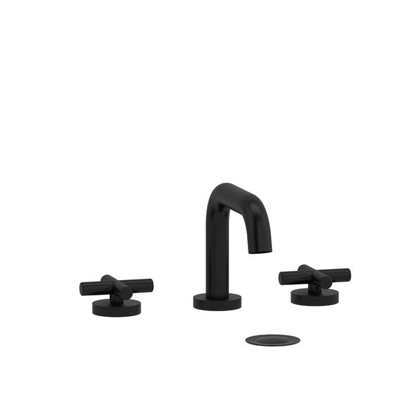 Modern black faucet set with two handles and a matching drain cover