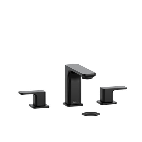 Modern black bathroom faucet set with two handles and a spout.