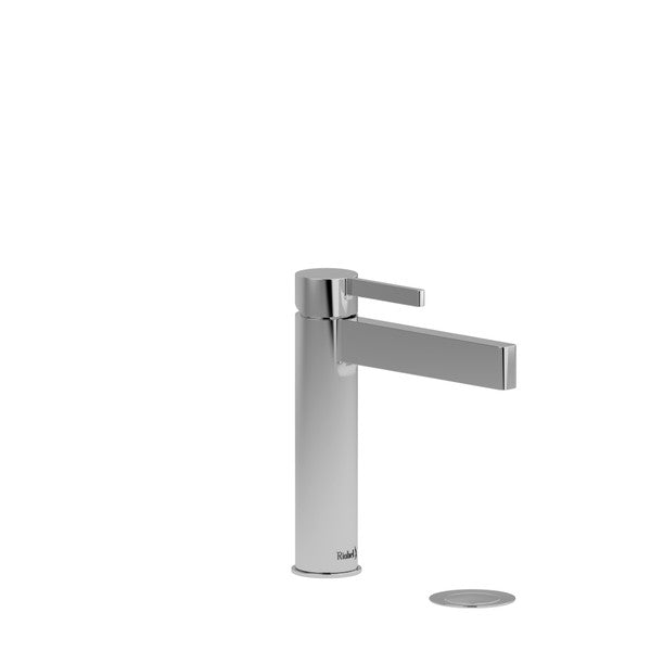 Modern chrome faucet with a flat spout and lever handle.