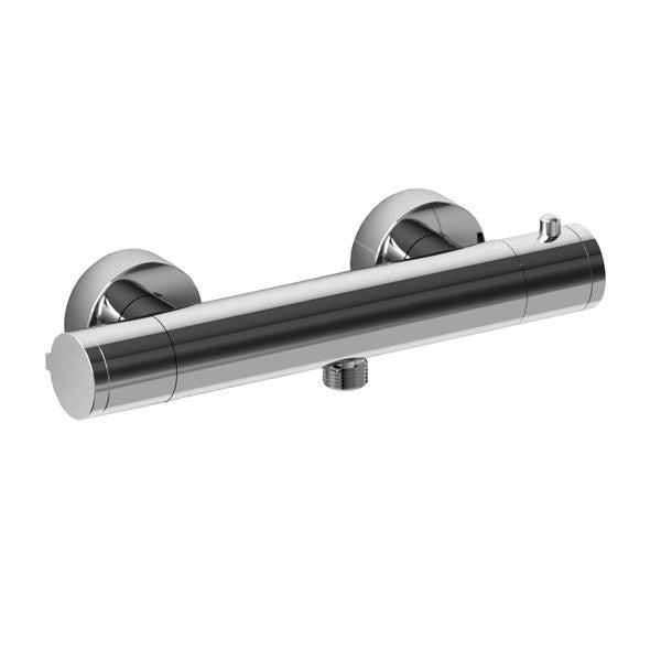 A sleek chrome shower mixer tap with round handles.