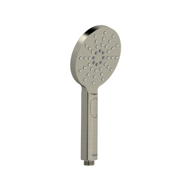A modern handheld showerhead with a sleek design and multiple water spray holes.