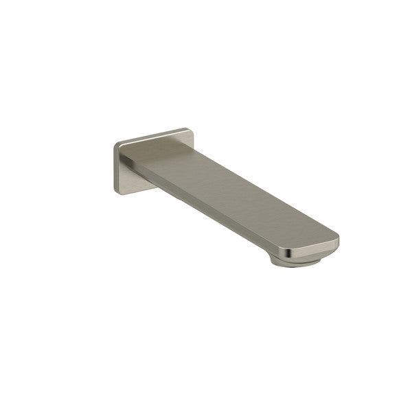 A modern, sleek faucet spout in a brushed nickel finish.