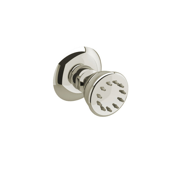 A shiny, metallic round door knob with a decorative pattern.