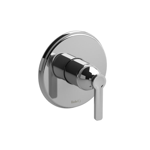 A modern chrome faucet handle mounted on a circular base.