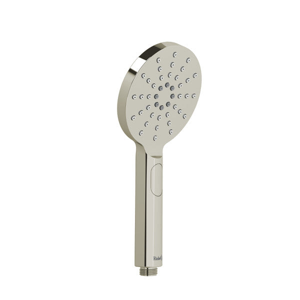 Chrome handheld shower head with multiple nozzles.