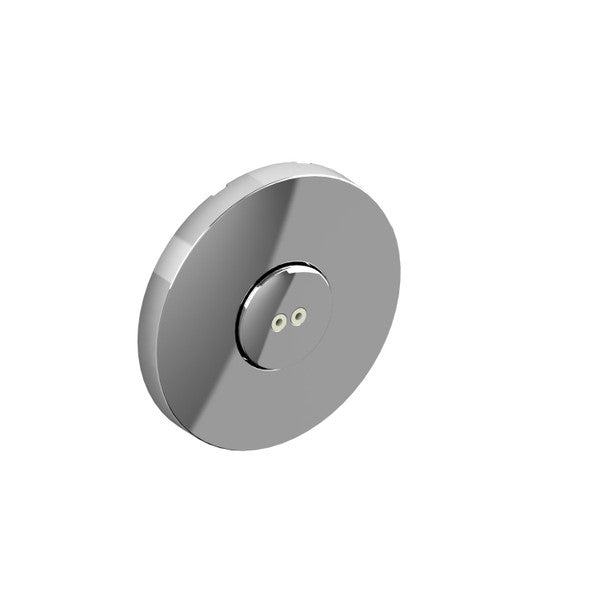 A round metallic button with two small openings in the center.