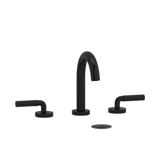 Modern black bath faucet with two handles and a circular drain cover.
