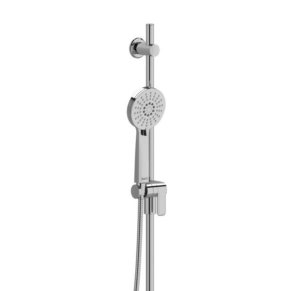 A modern chrome showerhead with a sleek design and adjustable height.