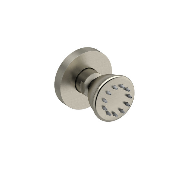 Close-up view of a brushed nickel shower head.