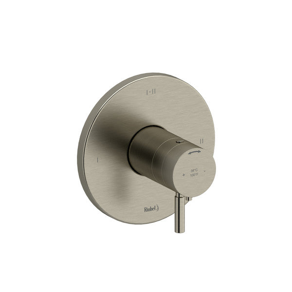 Modern round shower valve with a minimalist design.