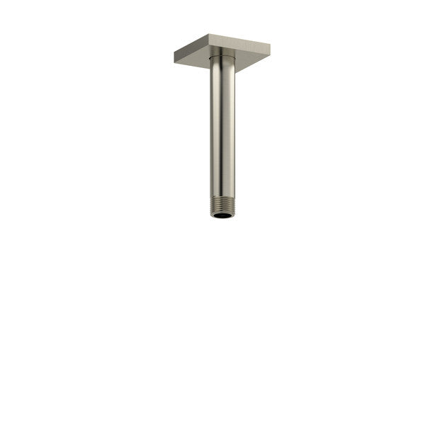 A metallic shower arm with a square mounting plate.