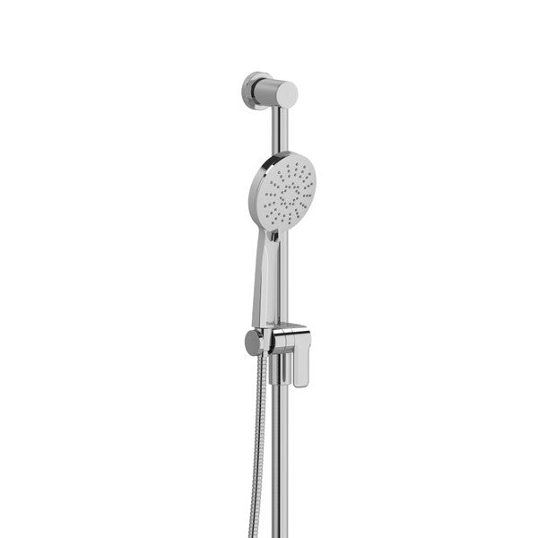 Chrome handheld showerhead with attachment.
