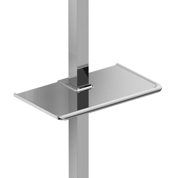Close-up of a sleek chrome shower shelf attached to a vertical pole.
