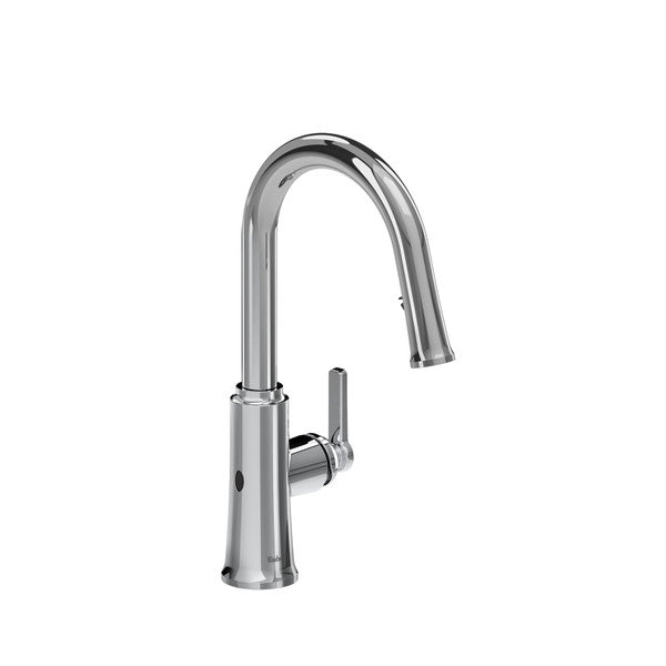 Modern chrome kitchen faucet with a curved spout