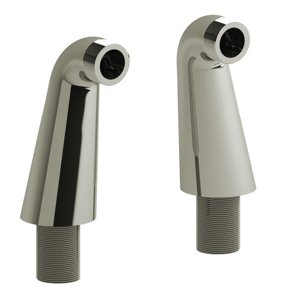 Two chrome-plated faucet spouts with angled nozzles.
