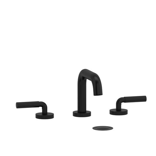 Black three-piece sink faucet set with minimalist design.