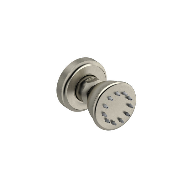 A silver door knob with a round design and textured surface.