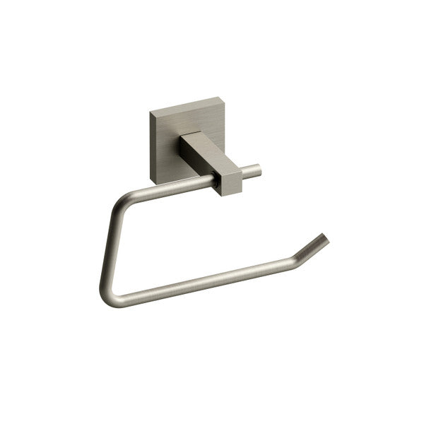Modern wall-mounted toilet paper holder in brushed metal finish.