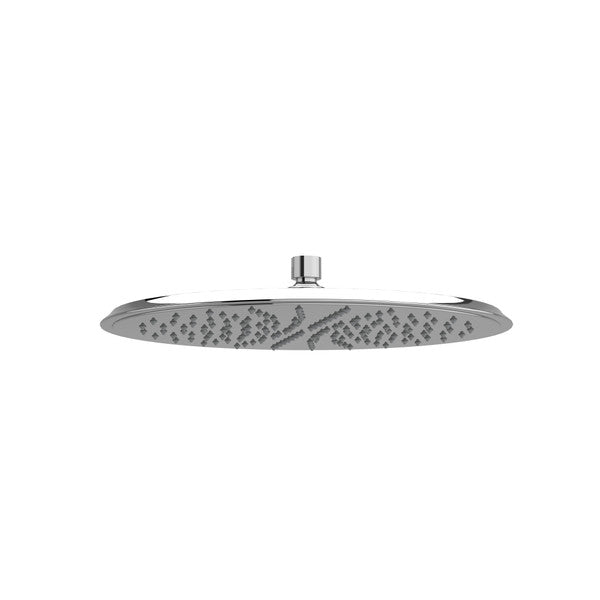 A sleek, modern showerhead with a round, flat design.
