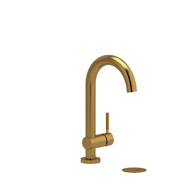 A modern gold faucet with a sleek design