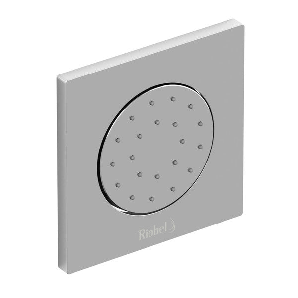 Square showerhead with a circular nozzle design, featuring multiple small water outlets.