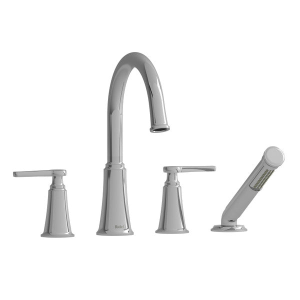A modern kitchen faucet set with a high-arched faucet, a pull-down sprayer, and two matching knobs.