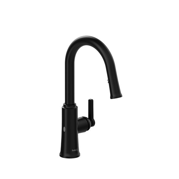 Black kitchen faucet with a curved spout and single lever handle