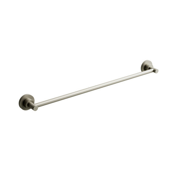 A sleek, modern towel bar mounted on a wall, featuring a brushed nickel finish.