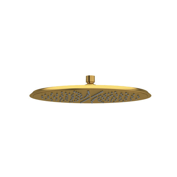 Modern round gold shower head with multiple spray nozzles.