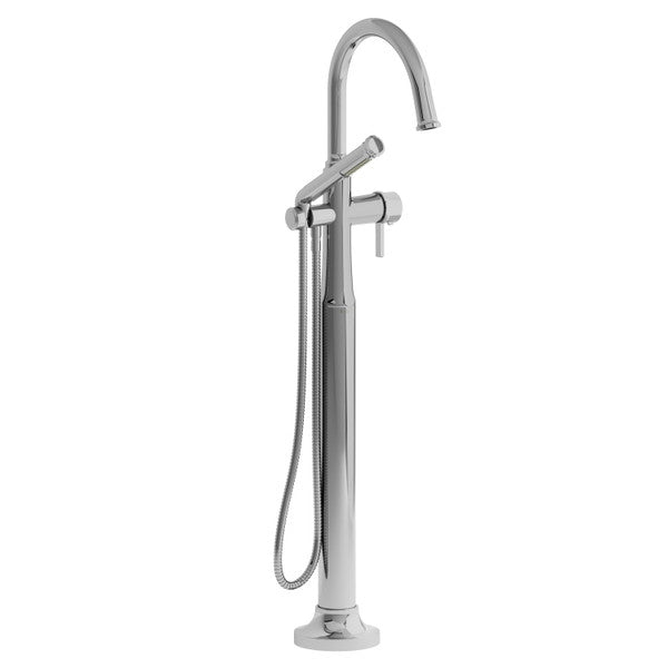 Modern chrome floor-mounted bathtub faucet with a hand shower attachment.