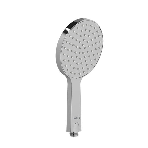 A round, modern shower head with a sleek design and textured surface for water flow.