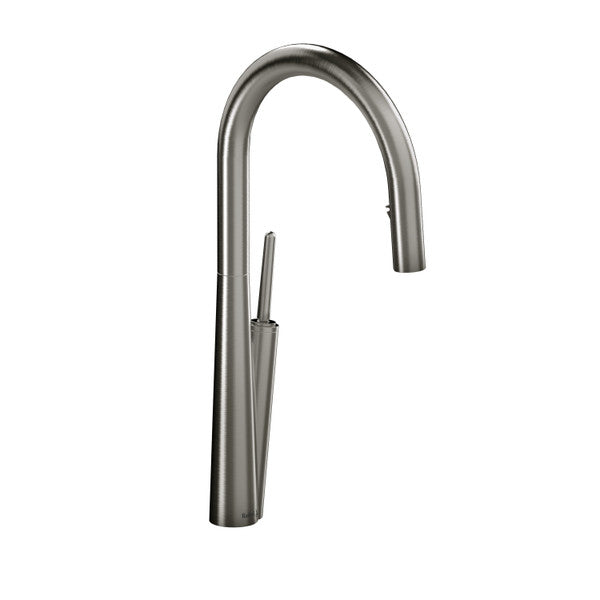 Modern kitchen faucet with a sleek, curved design.