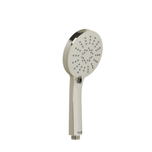 A silver handheld showerhead with a round face and multiple spray nozzles.