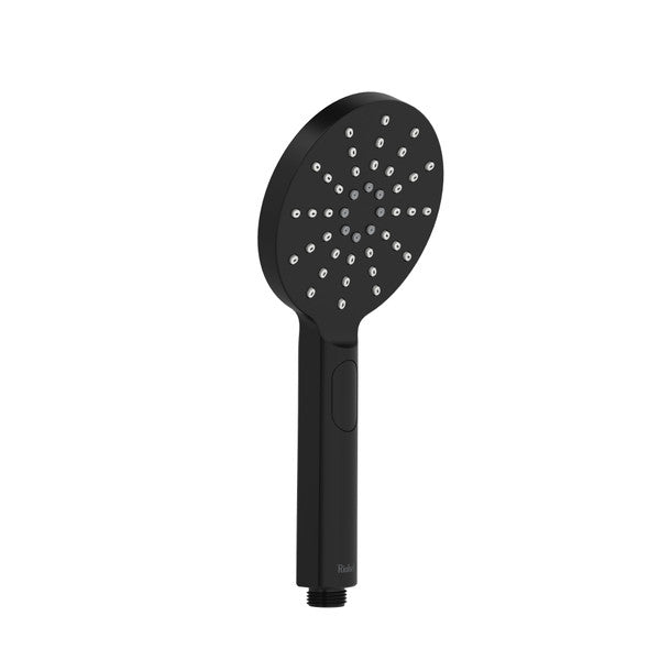 Black handheld shower head with spray nozzles