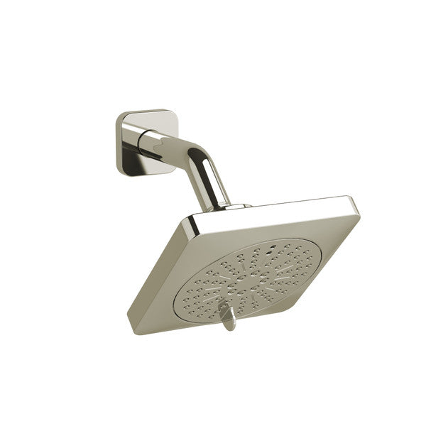 Square chrome shower head mounted on wall