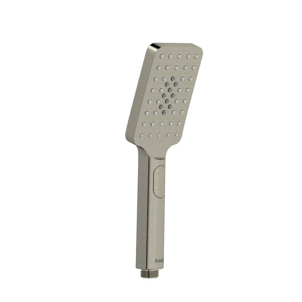 Modern showerhead with a slanted design and multiple water holes.