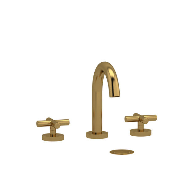 Gold bathroom faucet with two handles and a drain cover