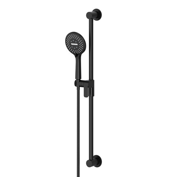 A sleek black showerhead mounted on a vertical bar.